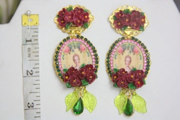SOLD! 4244 Young Marie Antoinette Hand Painted Dark Flowers Cameo Earrings Studs - Image 6