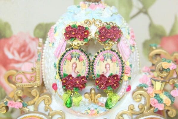 SOLD! 4244 Young Marie Antoinette Hand Painted Dark Flowers Cameo Earrings Studs - Image 2