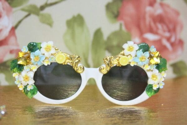 SOLD! 4255 Baroque Lemon Fruit Yellow Crystal Embellished White Sunglasses - Image 7