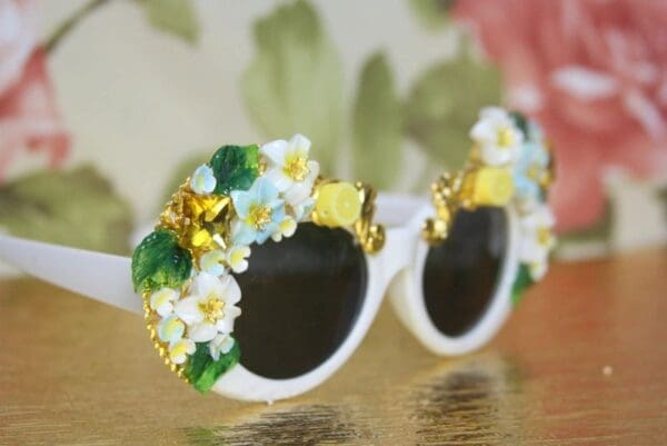SOLD! 4255 Baroque Lemon Fruit Yellow Crystal Embellished White Sunglasses - Image 8