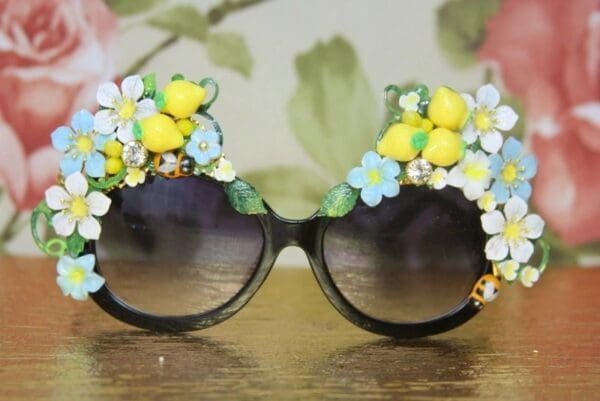 SOLD! 4257 Baroque Lemon Fruit Bee Black Crystal Embellished Sunglasses - Image 6