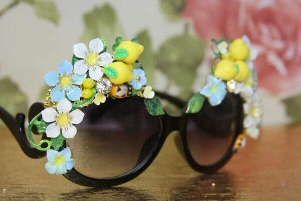 SOLD! 4257 Baroque Lemon Fruit Bee Black Crystal Embellished Sunglasses - Image 7