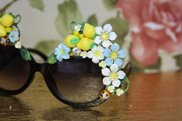 SOLD! 4257 Baroque Lemon Fruit Bee Black Crystal Embellished Sunglasses - Image 8