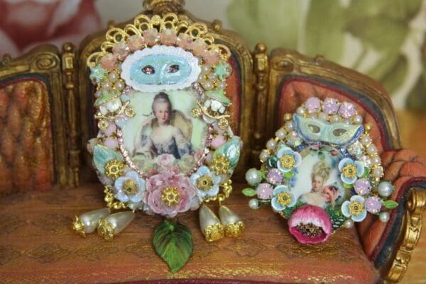 SOLD! 4260 Young Marie Antoinette Mask Hand Painted Huge Crystal Brooch