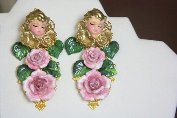 SOLD! 4262 Baroque Sleeping Cherubs Hand Painted Roses Studs Earrings - Image 8