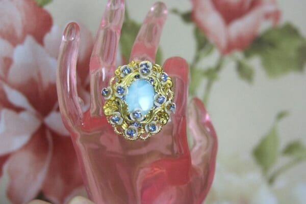 SOLD! 4271 Genuine Caribbean Larimar Baroque Gold Embellished Adjustable Cocktail Huge Ring - Image 6
