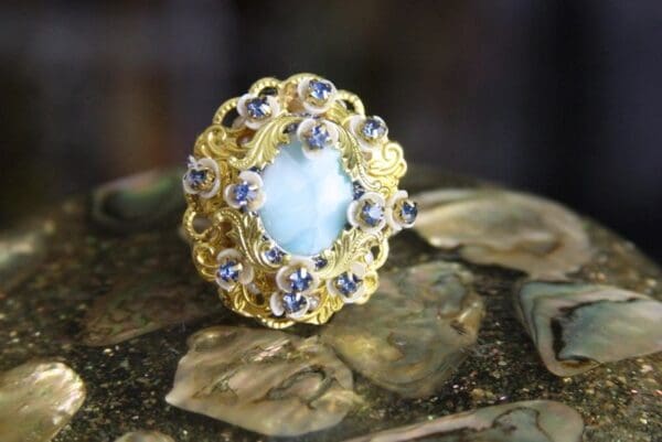 SOLD! 4271 Genuine Caribbean Larimar Baroque Gold Embellished Adjustable Cocktail Huge Ring - Image 7