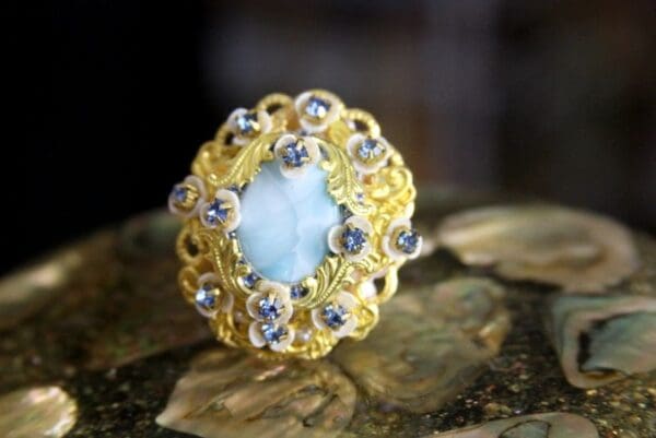 SOLD! 4271 Genuine Caribbean Larimar Baroque Gold Embellished Adjustable Cocktail Huge Ring - Image 4