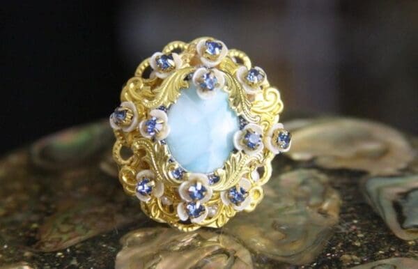 SOLD! 4271 Genuine Caribbean Larimar Baroque Gold Embellished Adjustable Cocktail Huge Ring