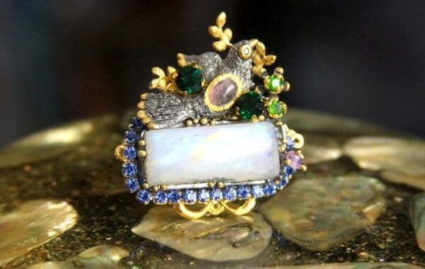 SOLD! 4272 Genuine Moonstone Baroque Bird Gold Embellished Adjustable Cocktail Huge Ring