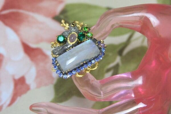 SOLD! 4272 Genuine Moonstone Baroque Bird Gold Embellished Adjustable Cocktail Huge Ring - Image 6