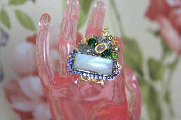 SOLD! 4272 Genuine Moonstone Baroque Bird Gold Embellished Adjustable Cocktail Huge Ring - Image 7