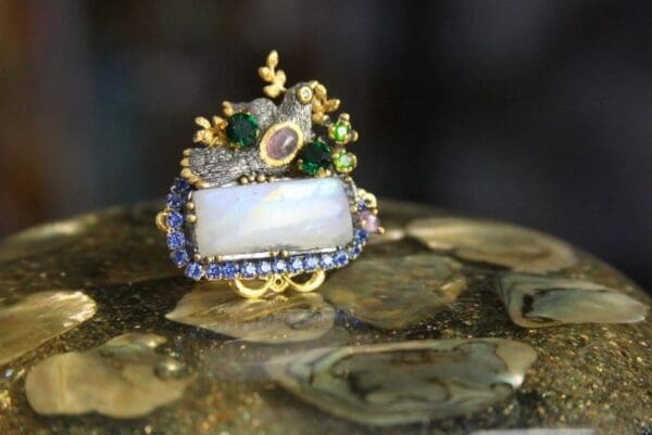 SOLD! 4272 Genuine Moonstone Baroque Bird Gold Embellished Adjustable Cocktail Huge Ring - Image 8