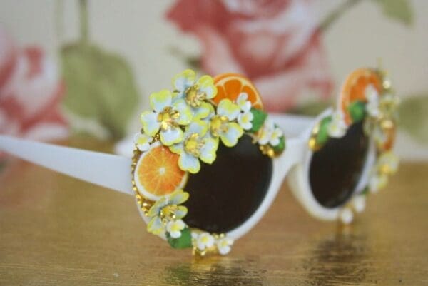 SOLD! 4278 Baroque Orange Fruit Bee Blue Embellished Sunglasses - Image 4
