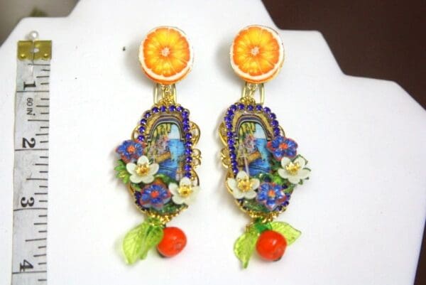 SOLD! 4282 Sicilian Orange Fruit Palermo Tile Pattern Light Weight Studs Earrings - Image 3