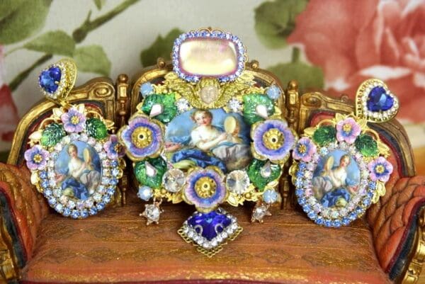 SOLD! 4283 Set Of Victorian François Boucher Genuine Fire Labradorite Huge Crystal Brooch+ Earrings - Image 5