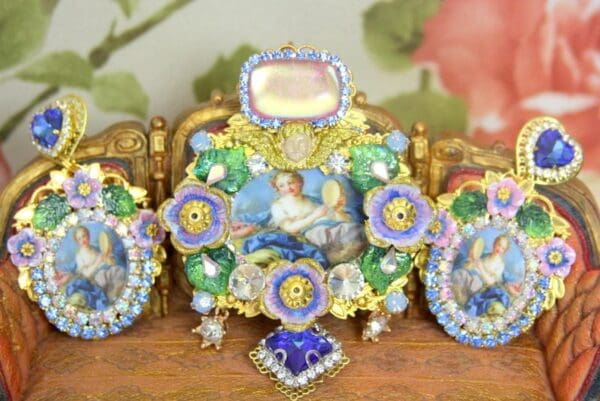 SOLD! 4283 Set Of Victorian François Boucher Genuine Fire Labradorite Huge Crystal Brooch+ Earrings - Image 4