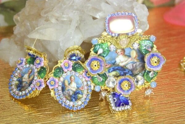 SOLD! 4283 Set Of Victorian François Boucher Genuine Fire Labradorite Huge Crystal Brooch+ Earrings