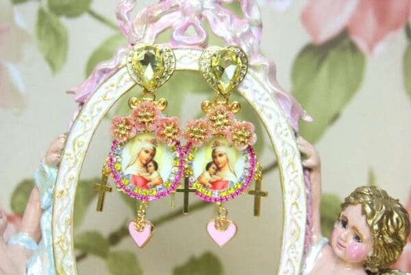 SOLD! 4293 Virgin Mary Madonna Flowers Yellow Crystal Heart Earrings Studs - Image 5