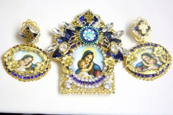 SOLD! 4302 Set Of Genuine Solar Quartz Fuchsia Unique Virgin Mary Madonna Crown Jesus Huge Crystal Brooch - Image 8