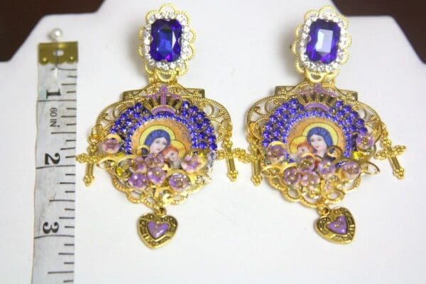 SOLD! 4298 Virgin Mary Madonna Cameo Lavender Flowers Blue Crystal Earrings Studs - Image 6