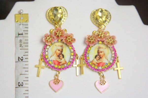 SOLD! 4293 Virgin Mary Madonna Flowers Yellow Crystal Heart Earrings Studs - Image 6