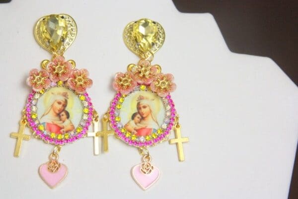 SOLD! 4293 Virgin Mary Madonna Flowers Yellow Crystal Heart Earrings Studs - Image 7