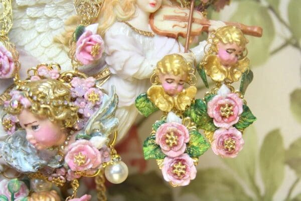 SOLD! 4309 Baroque Sleeping Cherubs Hand Painted Roses Studs Earrings - Image 2