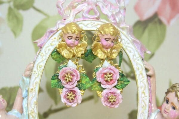 SOLD! 4309 Baroque Sleeping Cherubs Hand Painted Roses Studs Earrings - Image 4