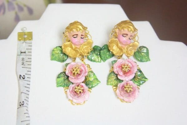 SOLD! 4309 Baroque Sleeping Cherubs Hand Painted Roses Studs Earrings - Image 7