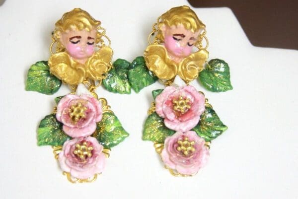SOLD! 4309 Baroque Sleeping Cherubs Hand Painted Roses Studs Earrings - Image 8