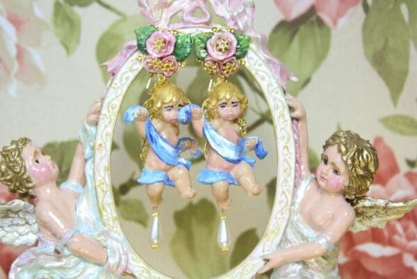 SOLD! 4310 Baroque Sleeping Cherubs Hand Painted Blue Ribbon Roses Studs Earrings - Image 8