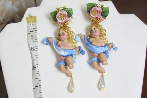 SOLD! 4310 Baroque Sleeping Cherubs Hand Painted Blue Ribbon Roses Studs Earrings - Image 9