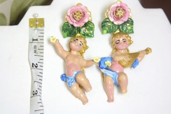 SOLD! 4311 Baroque Sleeping Cherubs Hand Painted Musical Roses Studs Earrings - Image 6