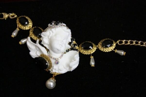 SOLD! 4327 Zibellini Total Baroque Chubby White Cherub Black Crystals Bracelet - Image 7