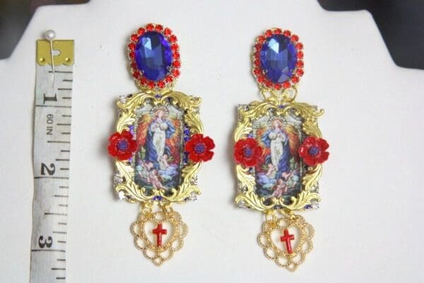 SOLD! 4328 Stain Glass Saint Pattern Blue Crystal Studs Earrings - Image 8