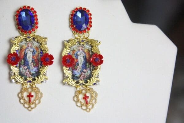 SOLD! 4328 Stain Glass Saint Pattern Blue Crystal Studs Earrings - Image 9
