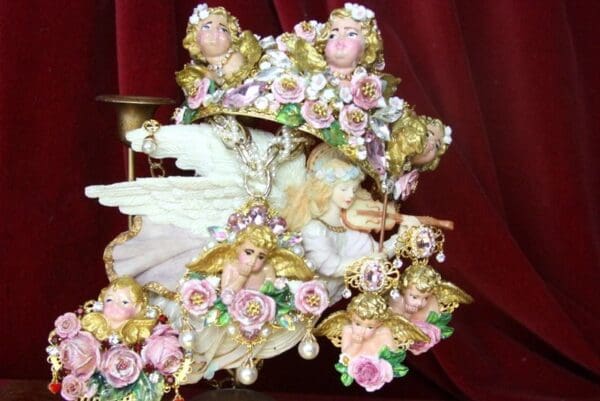 SOLD! 4341 Set Of Hand Painted 3D Effect Cherub Angel Roses Statement Necklace+ Earrings