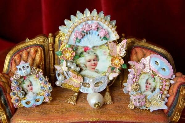SOLD! 4362 Victorian Marie Antoinette Fan Mask Hand Painted Huge Crystal Brooch - Image 5
