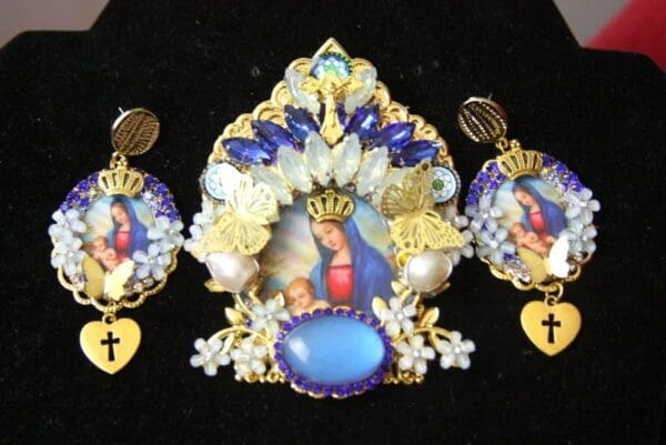SOLD! 4365 Set Of Unique Virgin Mary Genuine Fire Labradorite Madonna Butterfly Huge Crystal Brooch