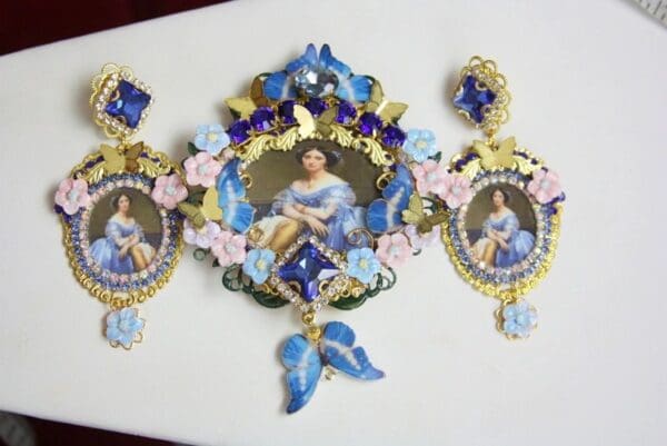 SOLD! 4367 Set Of Victorian Lady Portrait Butterfly Huge Crystal Brooch+ Earrings - Image 7