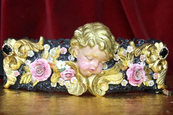 SOLD! 4368 Baroque Vivid Huge Cherub Angel Hand Painted Roses Crystal Waist Belt Size L, XL - Image 2