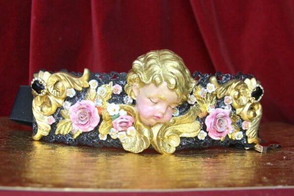 SOLD! 4368 Baroque Vivid Huge Cherub Angel Hand Painted Roses Crystal Waist Belt Size L, XL - Image 3