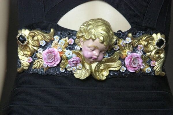 SOLD! 4368 Baroque Vivid Huge Cherub Angel Hand Painted Roses Crystal Waist Belt Size L, XL - Image 7