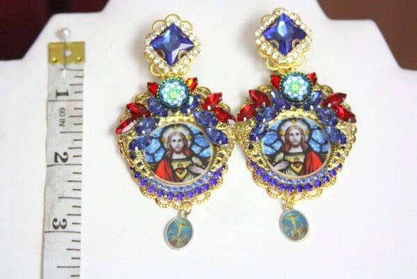 SOLD! 4380 Church Stained Glass Saint Crystal Studs Earrings - Image 3