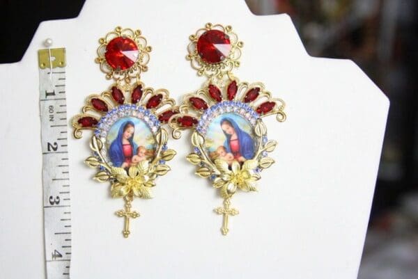 SOLD! 4381 Church Madonna Virgin Mary Red Crystal Studs Earrings - Image 4