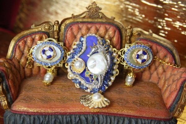 SOLD! 4382 Genuine Blue Botswana Agate Biwa Pearl Mother Of Pearl Sterling Silver Seahorse Crystals Bracelet - Image 2