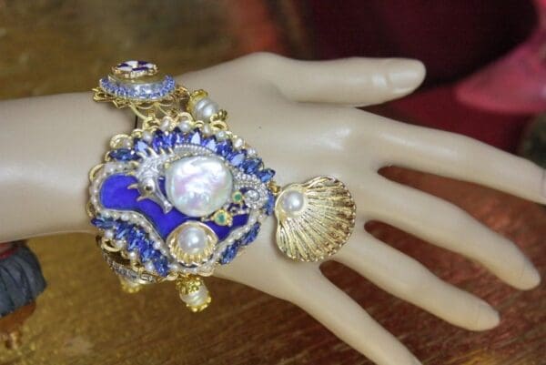 SOLD! 4382 Genuine Blue Botswana Agate Biwa Pearl Mother Of Pearl Sterling Silver Seahorse Crystals Bracelet - Image 6