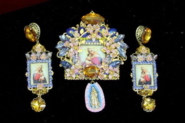 SOLD! 4383 Set Of Madonna Virgin Mary Cherry Blossom Huge Church Crystal Brooch - Image 2