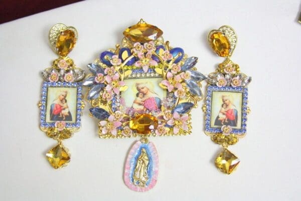 SOLD! 4383 Set Of Madonna Virgin Mary Cherry Blossom Huge Church Crystal Brooch - Image 8